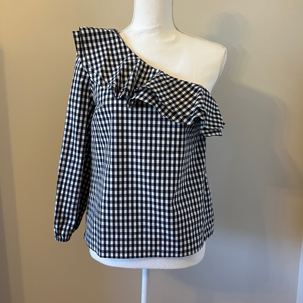 J. Crew One Shoulder Gingham Blouse Size 2 Ruffle Neckline Navy Blue & White New